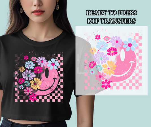 Smiley Face & Flowers DTF Print