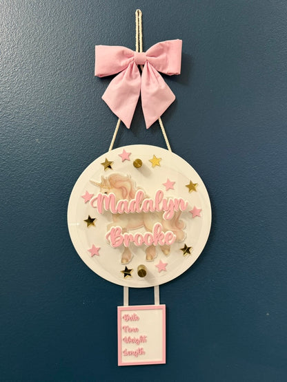 Baby Unicorn Birth Stats Hanging Door Sign