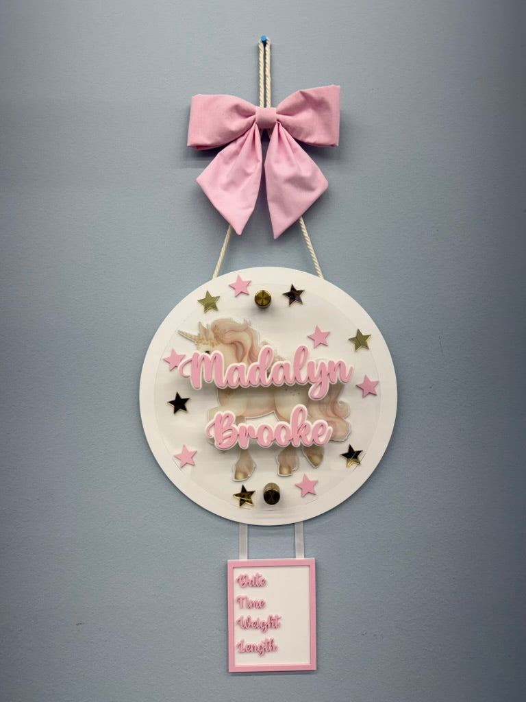 Baby Unicorn Birth Stats Hanging Door Sign