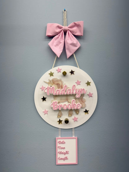 Baby Unicorn Birth Stats Hanging Door Sign
