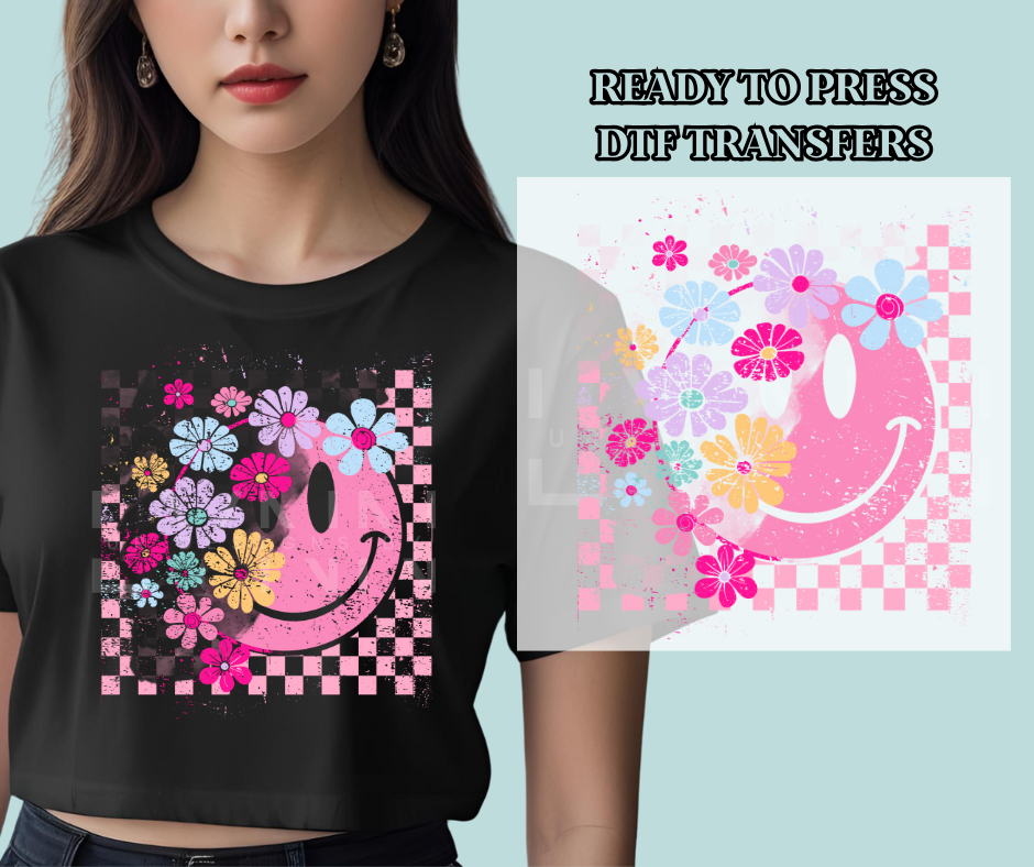 Smiley Face & Flowers DTF Print