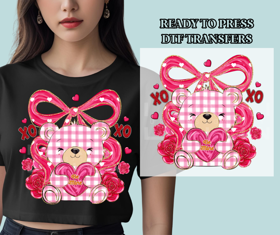 Blushing Gingham Valentines Bear - DTF Print