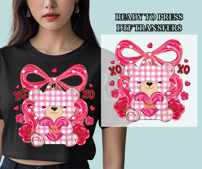 Blushing Gingham Valentines Bear - DTF Print