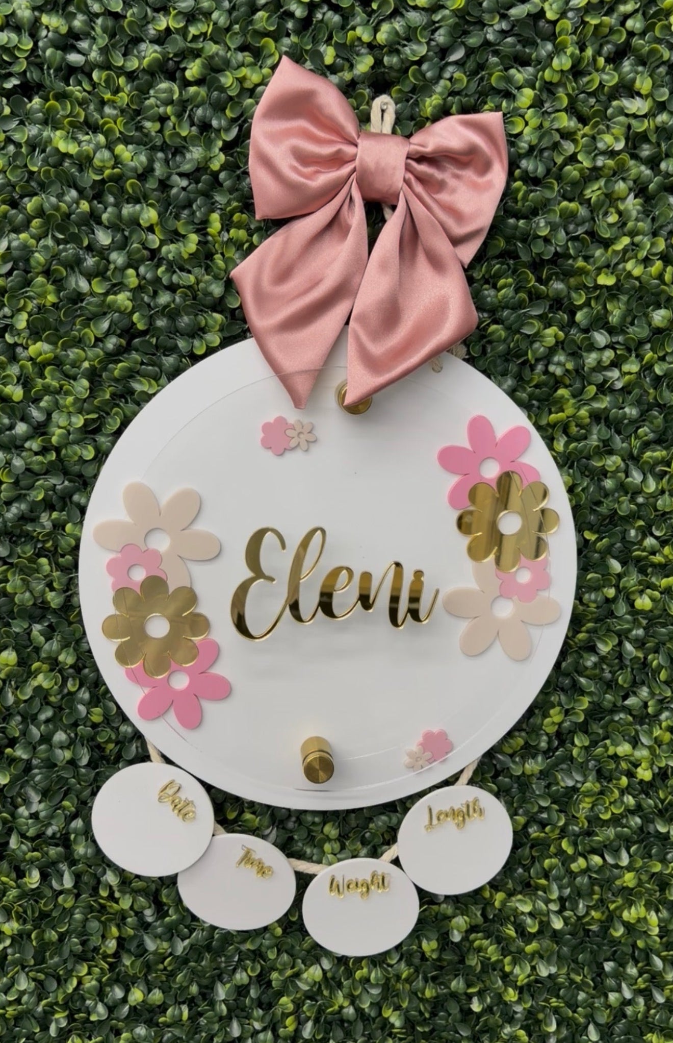 Pink Floral Birth Stats Hanging Door Sign