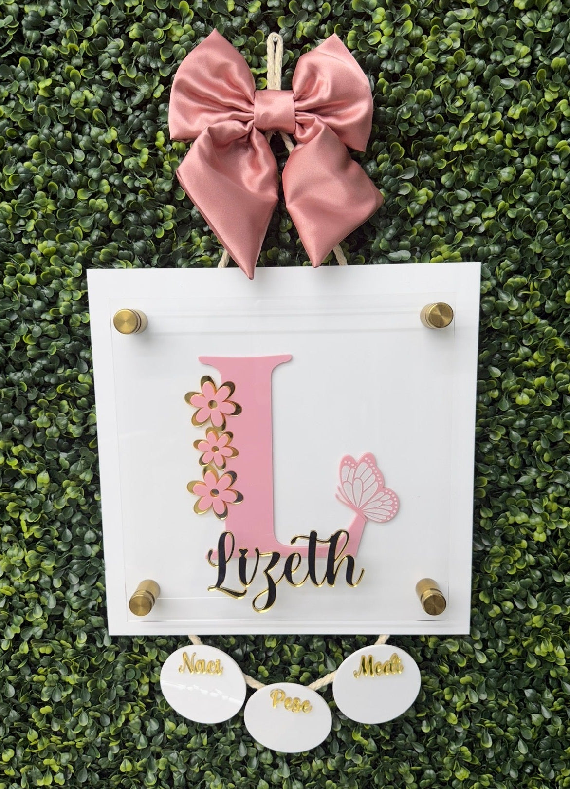 Floral Initial Birth Stats Hanging Door Sign - Square