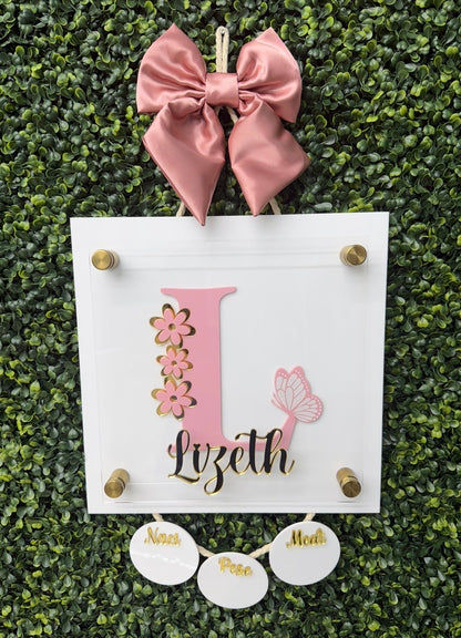 Floral Initial Birth Stats Hanging Door Sign - Square
