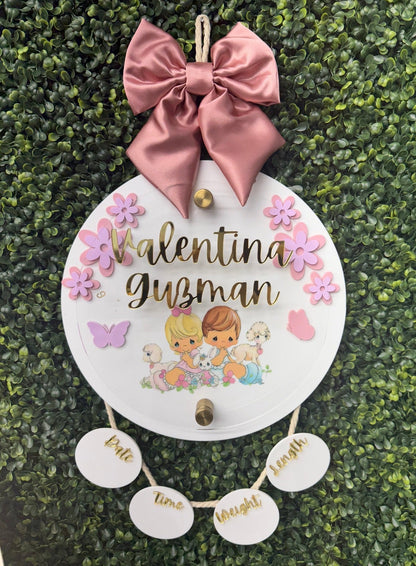 Precious Moments Birth Stats Hanging Door Sign