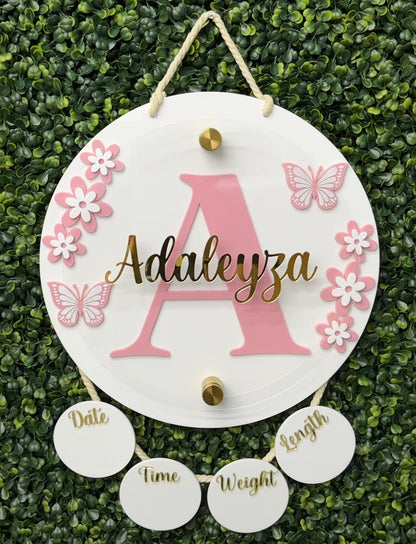 Blush Butterfly Birth Stats Hanging Door Sign