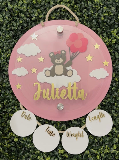 Teddy Bear Birth Stats Hanging Door Sign