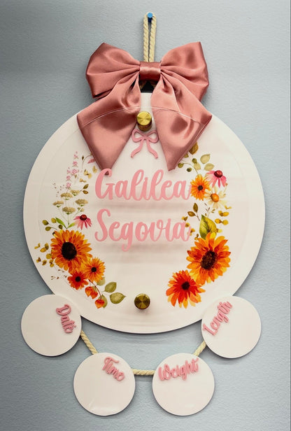 Sunflower Birth Stats Hanging Door Sign