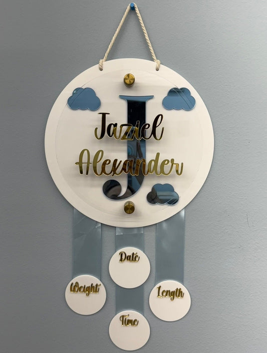 Chrome Cloud Birth Stats Hanging Door Sign