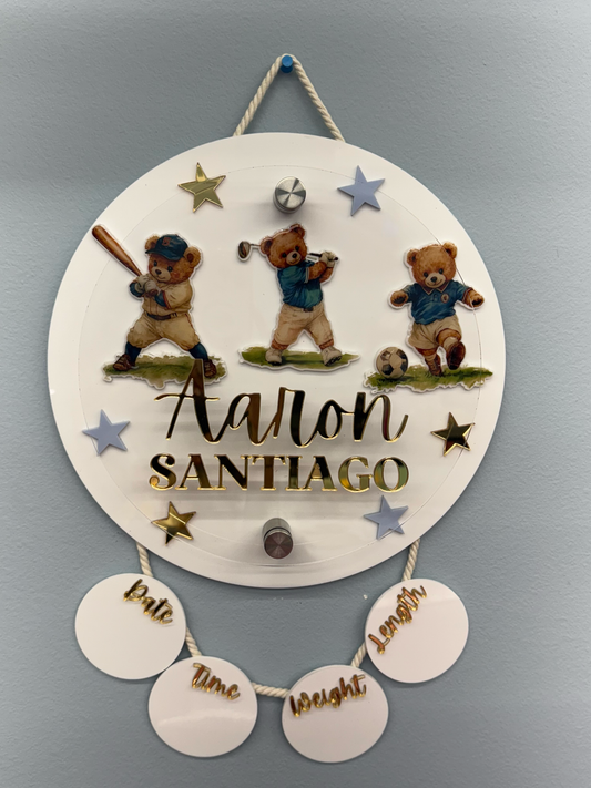 Sports Bear Birth Stats Hanging Door Sign