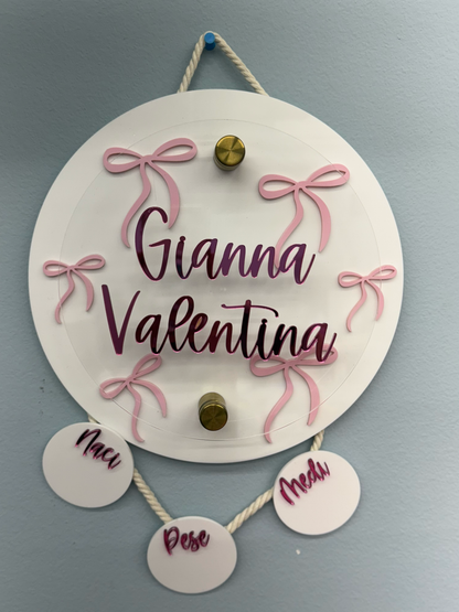 Coquette Bow Birth Stats Hanging Door Sign