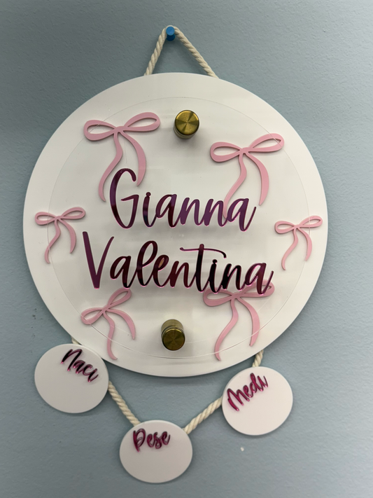 Coquette Bow Birth Stats Hanging Door Sign
