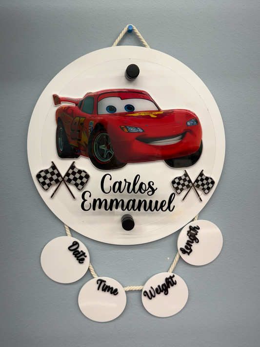 Lightning McQueen Inspired Birth Stats Hanging Door Sign