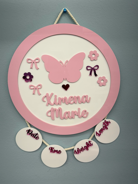 Butterfly, Coquette & Flowers Birth Stats Hanging Door Sign